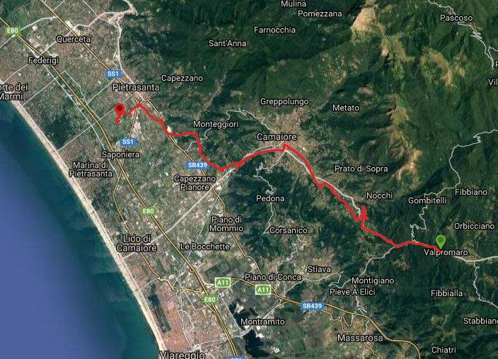 Questa è la strada percorsa da Nicola e Fela tra Valpromaro-Pietrasanta