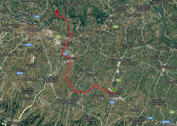 Questa è la strada percorsa da Nicola e Fela tra Fiorenzuola d'Arda-Piacenza